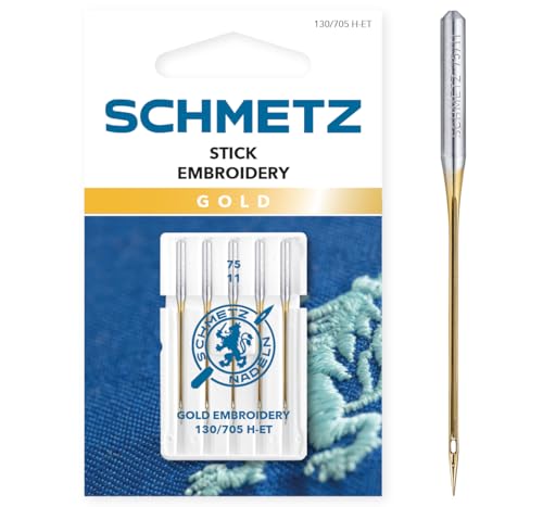 SCHMETZ Nähmaschinennadeln 5 Gold Stick-Nadeln | 130/705 H-ET | Nadeldicke: 75/11| geeignet für das Sticken mit Stickmaschinen und das Nähen mit alle gängige Haushalts-Nähmaschinen von SCHMETZ