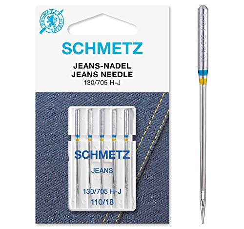 SCHMETZ Nähmaschinennadeln | 5 Jeans-Nadeln | 130/705 H-J | Nadeldicke: 110/18 | auf allen gängigen Haushaltsnähmaschinen einsetzbar | geeignet für das Verarbeiten von Jeans und ähnlichen Stoffen von SCHMETZ