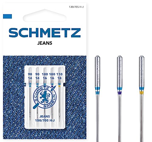 SCHMETZ Nähmaschinennadeln | 5 Jeans-Nadeln | 130/705 H-J | Nadeldicken: 2x 90/14, 2x 100/16 und 1x 110/18 | auf allen gängigen Haushaltsnähmaschinen einsetzbar von SCHMETZ