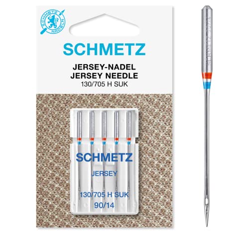 SCHMETZ Nähmaschinennadeln | 5 Jersey-Nadeln | 130/705 H SUK | Nadeldicke 90/14 | auf allen gängigen Haushaltsnähmaschinen einsetzbar | geeignet für das Verarbeiten von Jersey, Strick- und Wirkwaren von SCHMETZ