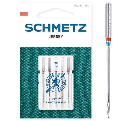 SCHMETZ Nähmaschinennadeln | 5 Jersey-Nadeln | 130/705 H SUK | Nadeldicke 90/14 | auf allen gängigen Haushaltsnähmaschinen einsetzbar | geeignet für das Verarbeiten von Jersey, Strick- und Wirkwaren von SCHMETZ