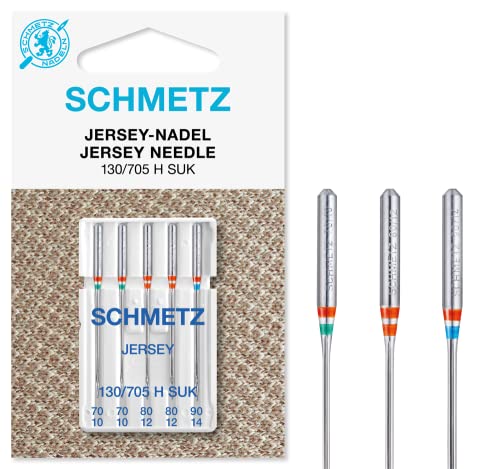 SCHMETZ Nähmaschinennadeln | 5 Jersey-Nadeln | 130/705 H SUK | Nadeldicken: 2x 70/10, 2x 80/12 und 1x 90/14 | Nähset | auf allen gängigen Haushaltsnähmaschinen einsetzbar von SCHMETZ