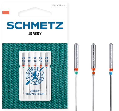 SCHMETZ Nähmaschinennadeln | 5 Jersey-Nadeln | 130/705 H SUK | Nadeldicken: 2x 70/10, 2x 80/12 und 1x 90/14 | Nähset | auf allen gängigen Haushaltsnähmaschinen einsetzbar von SCHMETZ