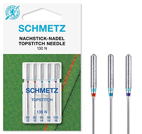 SCHMETZ Nähmaschinennadeln | 5 Nachstick-Nadeln (5 Topstitch-Nadeln) | 130 N | Nadeldicken: 2x 80/12, 2x 90/14 und 1x 100/16, Sortiert | auf allen gängigen Haushaltsnähmaschinen einsetzbar von SCHMETZ