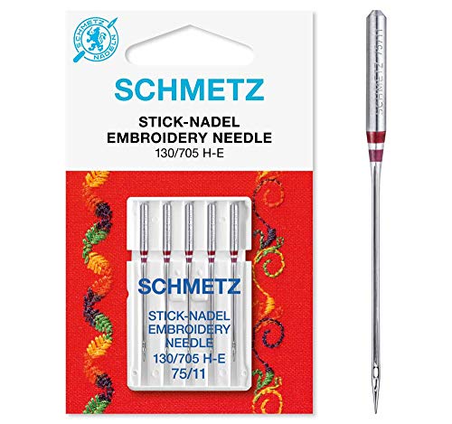 SCHMETZ Nähmaschinennadeln 5 Stick-Nadeln | 130/705 H-E | Nadeldicke: 75/11| Geeignet für das Nähen und Sticken auf allen gängigen Haushaltsnähmaschinen und Haushaltsstickmaschinen von SCHMETZ