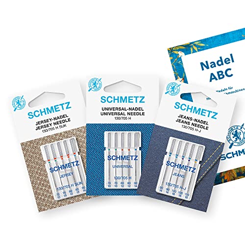 SCHMETZ Nähmaschinennadeln Starter-Set | 5 Universal-Nadeln | 5 Jersey-Nadeln | 5 Jeans-Nadeln | Beliebteste Nadeldicken | Auf allen gängigen Haushaltsnähmaschine einsetzbar | 1 Nadel ABC von SCHMETZ