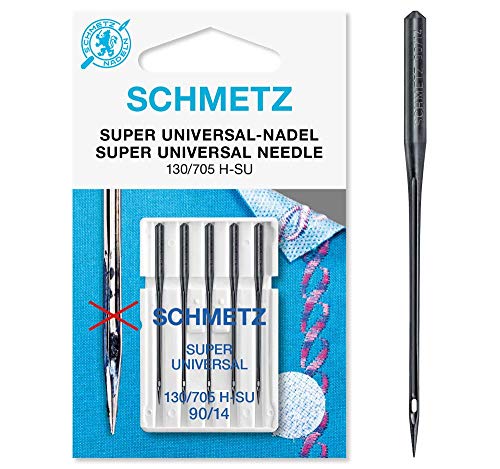 SCHMETZ Nähmaschinennadeln: 5 Super Universal-Nadeln, Nadeldicke 90/14, 130/705 H-SU, auf jeder gängigen Haushaltsnähmaschine einsetzbar, Maschinennadel mit besonderer Antihaftbeschichtung von SCHMETZ