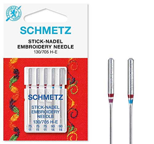 SCHMETZ Nähmaschinennadelset 5 Stick-Nadeln | 130/705 H-E | Nadeldicken: 3x 75/11, 2x 90/14 | Geeignet für das Nähen und Sticken auf allen gängigen Haushaltsnähmaschinen und Haushaltsstickmaschinen von SCHMETZ