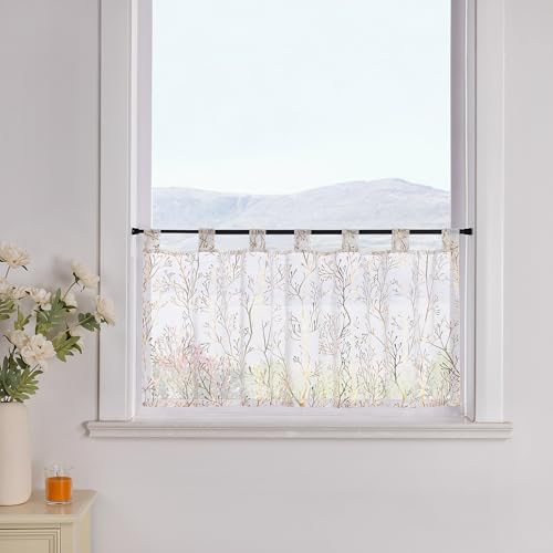 SCHOAL Scheibengardine mit Schlaufen Gardine Transparent Kurzgardine mit Zweig Muster Bistrogardine Modern 1 Stück HxB 30x90cm Gold von SCHOAL