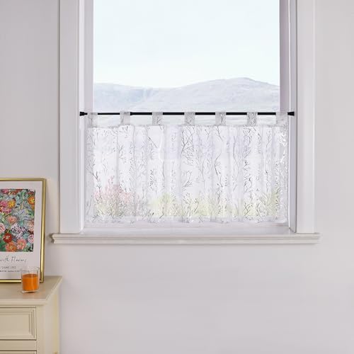 SCHOAL Scheibengardine mit Schlaufen Gardine Transparent Kurzgardine mit Zweig Muster Bistrogardine Modern 1 Stück HxB 60x90cm Silber von SCHOAL
