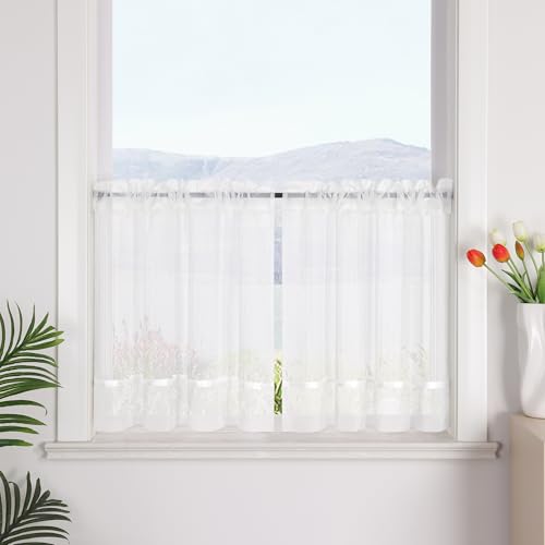 SCHOAL Scheibengardine mit Tunnelzug Transparent Vorhang 1 Stück Leinenoptik Kurzgardine Landhaus Bistrogardine HxB 90x110 Weiß von SCHOAL