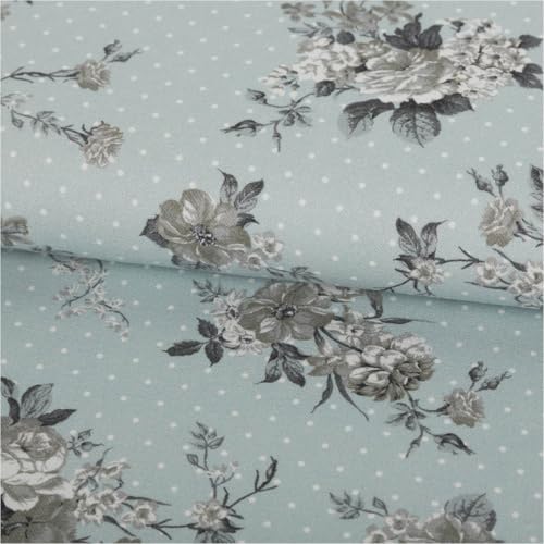 SCHÖNER LEBEN. Baumwollstoff Trachtenstoffe Canvas Blumen Punkte blau grau 1,5m Br. von SCHÖNER LEBEN.