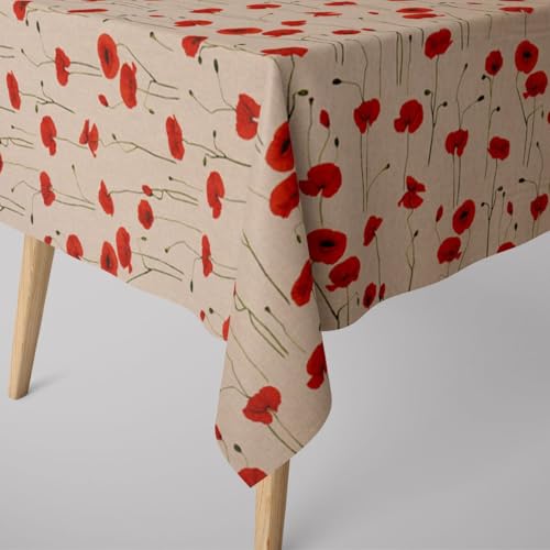 SCHÖNER LEBEN. Tischdecke Leinenlook Poppy Field Mohnblumen Natur rot, Größe:130x180cm von SCHÖNER LEBEN.