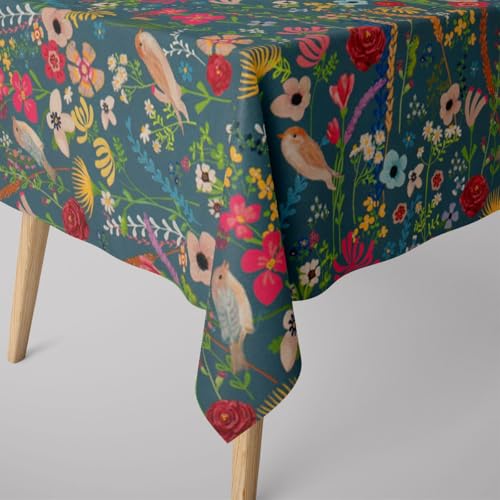 SCHÖNER LEBEN. Tischdecke abwaschbar Blumen Vögel blau div. Größen, Größe:80 x 80 cm (Mitteldecke) von SCHÖNER LEBEN.
