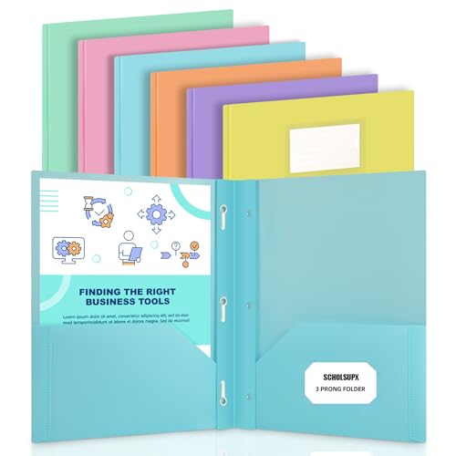 Kunststoff-Ordner mit Taschen, 6 Stück, 3 Zinken mit 2 Fächern für 21,6 x 27,9 cm Briefgröße, farbige Taschen für Dokumente (6 Stück) von SCHOLSUPX