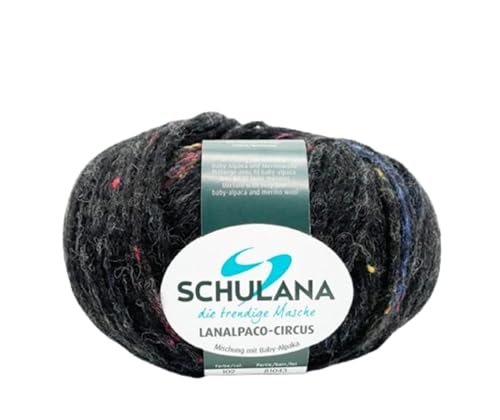 Baumwolle zum Stricken und Häkeln I 35% Baumwolle, 34% Schurwolle (Merino), 28% Alpaka (Baby), 3% Viskose I 50g/ca. 110m Schwarz I Lanalpaco-Circus Garn für Schals, Mützen und Accessoires von SCHULANA