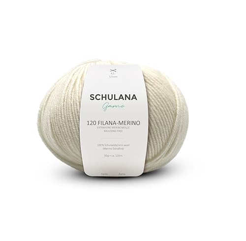 Extrafeine Merinowolle zum Stricken und Häkeln I 100% Schurwolle I 50g/120m Weiß (Reinweiß, Schneeweiß) I 120 Filana-Merino Garn für Schal, Mütze, Loops, Babykleidung und Accessoires von SCHULANA