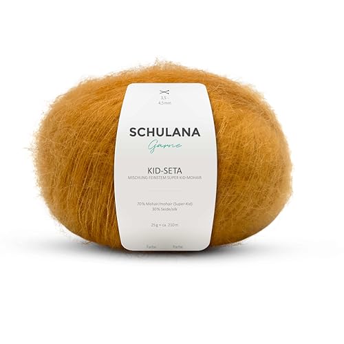 Kid Seta Mohair Wolle zum Stricken und Häkeln I 70% Super Kid Mohair & 30% Seide I 25 g/ca. 210m Senf (Gelb) I Kid-Seta Garn für Schals, Spitzenschals, leichte Cardigans und Mützen von SCHULANA