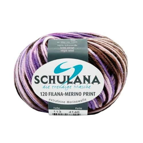 SCHULANA 120 Filana-Merino Print, 100% Schurwolle (Merino extrafine), zum Stricken und Häkeln, 50g ca 120m, Braun-Lila 113 von SCHULANA