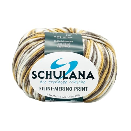 SCHULANA Filini-Merino Print, 100% Schurwolle (Merino extrafine), zum Stricken und Häkeln, 50g ca 160m, Weiss-Braun-Ocker 215 von SCHULANA