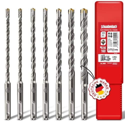 SCHWABENBACH ® SDS PLUS Betonbohrer Set - Super SDS Bohrer Set - 7tlg. 6 8 10 12 14 x 160 mm - Steinbohrer kompatibel mit Bosch Hilti Makita Metabo Bohrhammer - Premium Qualität für Schlagbohrmaschine von SCHWABENBACH