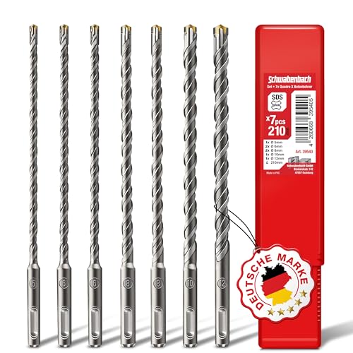 SCHWABENBACH ® SDS PLUS Betonbohrer Set - Super SDS Bohrer Set - 7tlg. 5 6 8 10 12 x 210 mm - Steinbohrer kompatibel mit Bosch Hilti Makita Metabo Bohrhammer - Premium Qualität für Schlagbohrmaschine von SCHWABENBACH