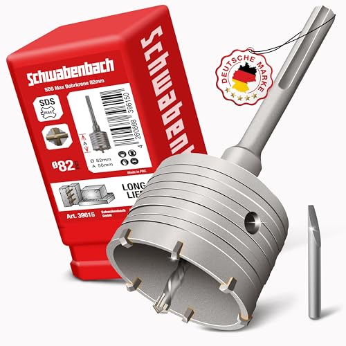 SDS Max Bohrkrone 82 mm - Zentrierbohrer - Hammerschlagfest - Bohrkrone Steckdose für Mauerwerk und Beton (82mm) von SCHWABENBACH
