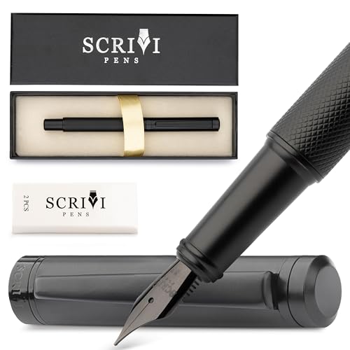 SCRIVI PENS Luxuriöses Füllfederhalter-set – [Schwarz] Füllfederhalter Zum Schreiben – Glatte, Mittlere Feder – Nachfüllbarer Tintenkonverter, 5 Tintenpatronen [Schwarz Und Blau] In Geschenkbox von SCRIVI PENS