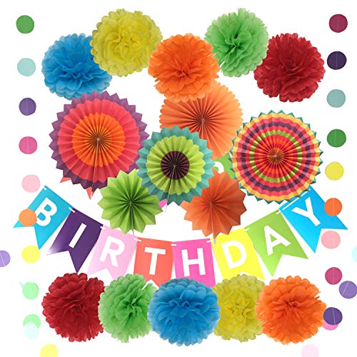 Happy Birthday Party-Dekorationen mit Pompons, Papierblumen, Papierfächer und Girlanden, gepunktet, 10 Stück Pompons und 6 Stück Papierfächer von SD SPARKLING DREAM