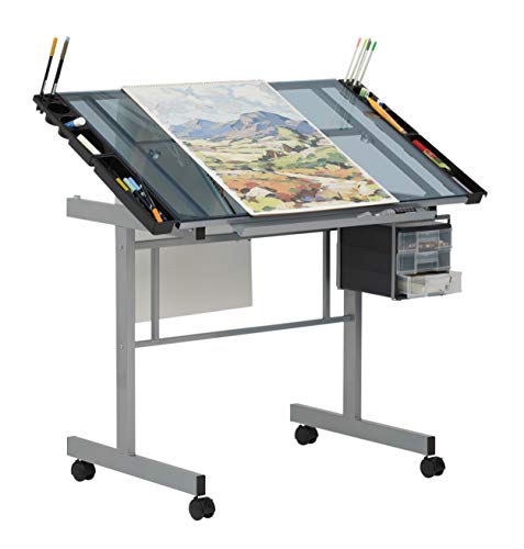 Studio Designs Vision Bastel- und Zeichenstation – 90,2 x 60,3 cm (B x T), silberblaue Glasplatte, Zeichentisch mit Bleistiftschubladen, seitlichen Ablagen und integrierter Bleistiftleiste, von SD STUDIO DESIGNS