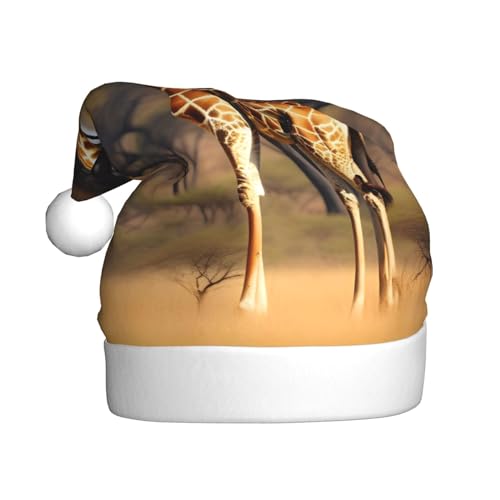 Afrika Giraffe Majestätischer Baum, 1 Packung Weihnachtsmütze, Plüschstoff, Weihnachtsmannmütze für Weihnachten, Kostümparty und Feiertagsveranstaltung von SDEGTHO