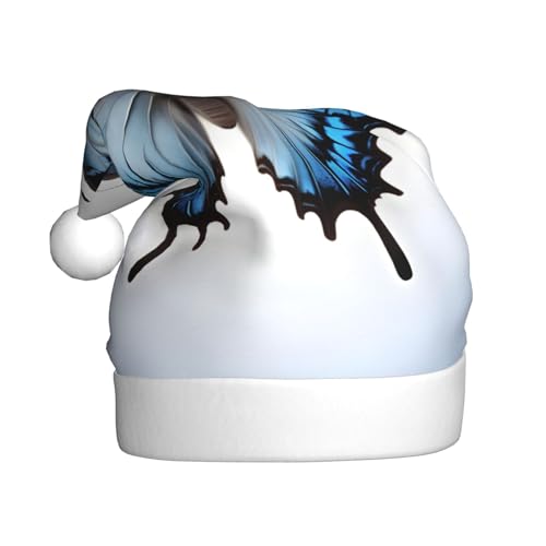 Weihnachtsmütze aus Plüschstoff, Motiv: blauer Schmetterling, 1 Stück von SDEGTHO