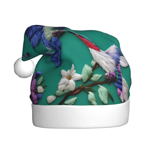 Weihnachtsmütze mit Blumen-Kolibri-Stickerei, 1 Stück, Plüschstoff, Weihnachtsmannmütze für Weihnachten, Kostümparty und Feiertagsveranstaltungen von SDEGTHO