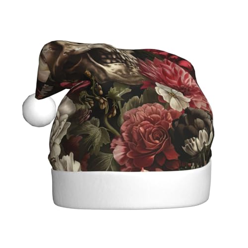 Weihnachtsmütze mit floralem Totenkopf, Plüschstoff, Weihnachtsmannmütze für Weihnachten, Kostümpartys und Feiertage, 1 Stück von SDEGTHO
