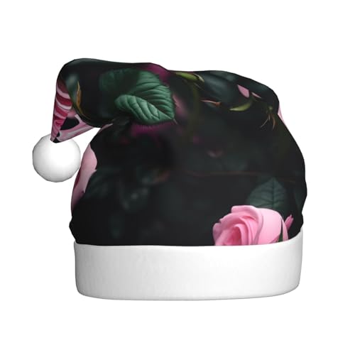 Weihnachtsmütze mit rotem Rosen-Druck, Plüschstoff, Weihnachtsmannmütze für Weihnachten, Kostümpartys und Feiertage, 1 Stück von SDEGTHO