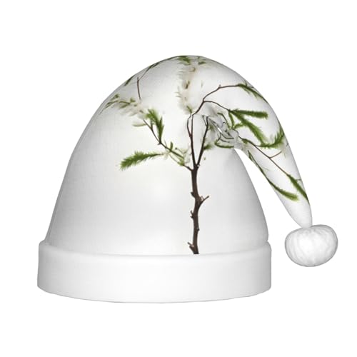 Weiße natürliche Pflanze, grüner Zweig, 1 Packung Weihnachtsmütze, Plüsch-Weihnachtsmannmütze für Teenager, Weihnachtskostüm, Party und Feiertagsveranstaltung von SDEGTHO