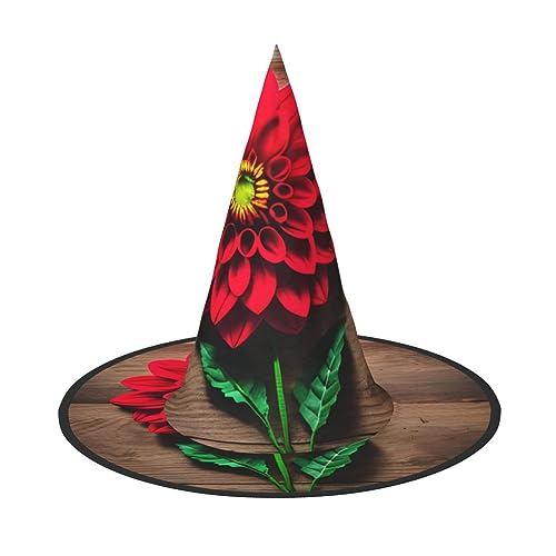 SDFHU Holzbrett Retro Blume Rot Dahlie Druck Party Hut Halloween Karneval Hexen Hüte für Mottopartys Cosplay Urlaub Dekor von SDFHU