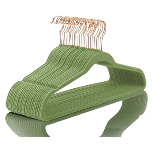SDGBCXD Garderobenständer, Kleiderbügel aus Samt, strapazierfähig, rutschfest, Kleiderbügel aus Filz, Kleiderbügel aus Samt(Olive Rose Gold50pa) von SDGBCXD