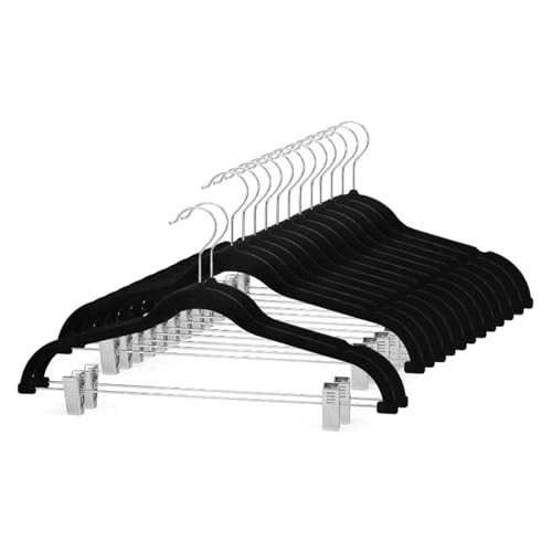 SDGBCXD Garderobenständer, Kleiderbügel for Röcke aus Samt, 36 Packungen, ultradünner Samt mit Clips, rutschfeste Hosenbügel aus Samt, platzsparende Kleidung(Black) von SDGBCXD