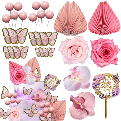 Blumen-Kuchenaufsätze, Acryl, Happy Birthday, Dekoration, Kuchen-Dessert-Aufsätze für Geburtstag, Hochzeit, Dekorationen (Rosa) von SDIDVIEXPERT