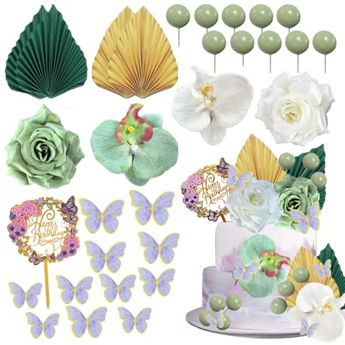 Blumen-Kuchenaufsätze, Acryl, Happy Birthday, Dekoration, Kuchen-Dessert-Aufsätze für Geburtstag, Hochzeit, Dekorationen (grün) von SDIDVIEXPERT