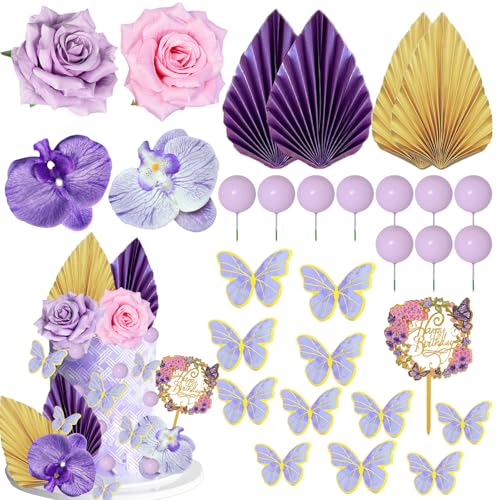 Blumen-Kuchenaufsätze, Acryl, Happy Birthday, Dekoration, Kuchen-Dessert-Aufsätze für Geburtstag, Hochzeit, Dekorationen (lila) von SDIDVIEXPERT