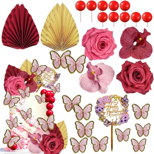 Blumen-Kuchenaufsätze, Acryl, Happy Birthday, Dekoration, Kuchen-Dessert-Aufsätze für Geburtstag, Hochzeit, Dekorationen (rot) von SDIDVIEXPERT