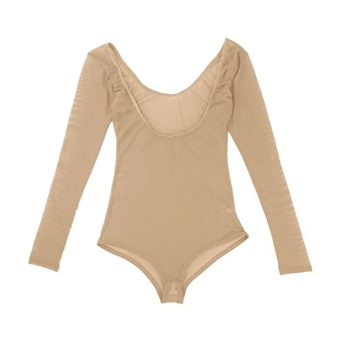 SDIUAKBV Ballettanzug Damen Einteiliger Trikotanzug aus Netzstoff mit geöffneter Brust und Langen Ärmeln, Kostümzubehör, Damen-Bodysuit, Unterhemd, Ballett-Tanztrikot(Nude) von SDIUAKBV