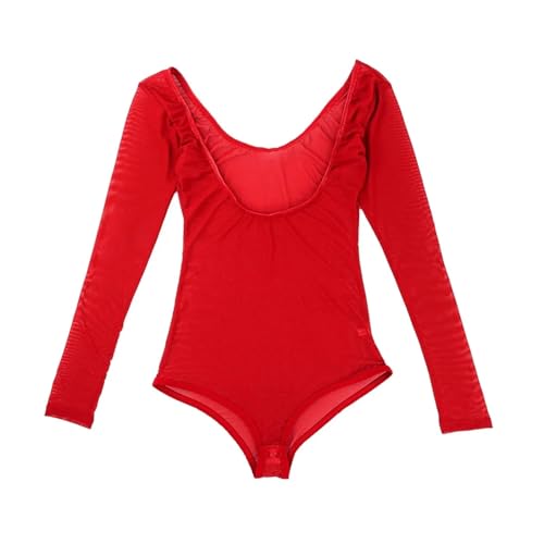 SDIUAKBV Ballettanzug Damen Einteiliger Trikotanzug aus Netzstoff mit geöffneter Brust und Langen Ärmeln, Kostümzubehör, Damen-Bodysuit, Unterhemd, Ballett-Tanztrikot(Red) von SDIUAKBV