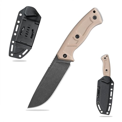SDOKEDC Feststehende Outdoor Messer 12cm Jagdmesser aus G10 Griff 14C28N Stahl Klinge für Männer EDC Camping Survival (Schwarze Steinwäsche + Kaki-Griff) von SDOKEDC