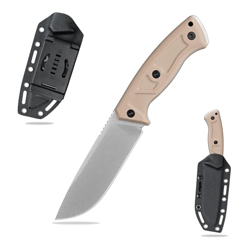 SDOKEDC Feststehende Outdoor Messer 12cm Jagdmesser aus G10 Griff 14C28N Stahl Klinge für Männer EDC Camping Survival (Weiße Steinwäsche + Kaki-Griff) von SDOKEDC