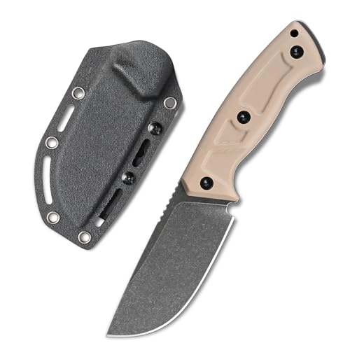 SDOKEDC Feststehende Outdoor Messer Jagdmesser aus G10 Griff 14C28N Stahl Klinge für Männer EDC Camping Survival (Schwarze Steinwäsche + Khaki Griff) von SDOKEDC