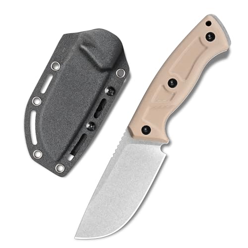 SDOKEDC Feststehende Outdoor Messer Jagdmesser aus G10 Griff 14C28N Stahl Klinge für Männer EDC Camping Survival (Weiße Steinwäsche + Kaki-Griff) von SDOKEDC