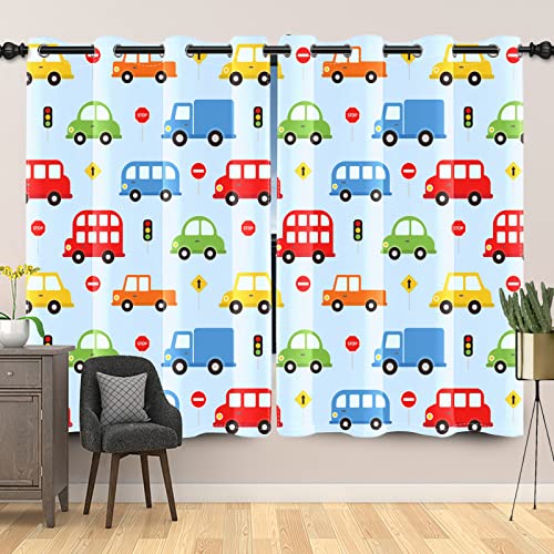 SDOTPMT 107x160cm, 2 Stücke Kinder Karikatur Fahrzeuge Muster Fenstervorhang Taxi LKW Bus Fenstervorhänge Verkehr Licht Auto Handgezeichnet Schiebevorhänge für Kinderzimmer Verdunkelung Vorhänge von SDOTPMT